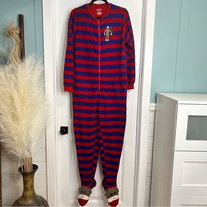 Nick & Nora Bright Blue and Red Striped Sock Monkey Onesie. Size Small.